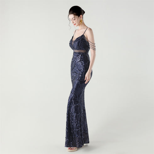 Graceful Sequin Embellished Mesh Mermaid Maxi Dress